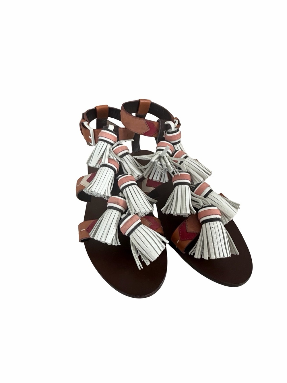 TORY BURCH Tassel Gladiator Leather Sandals Brown and White Sz 8M - Picture 3 of 6